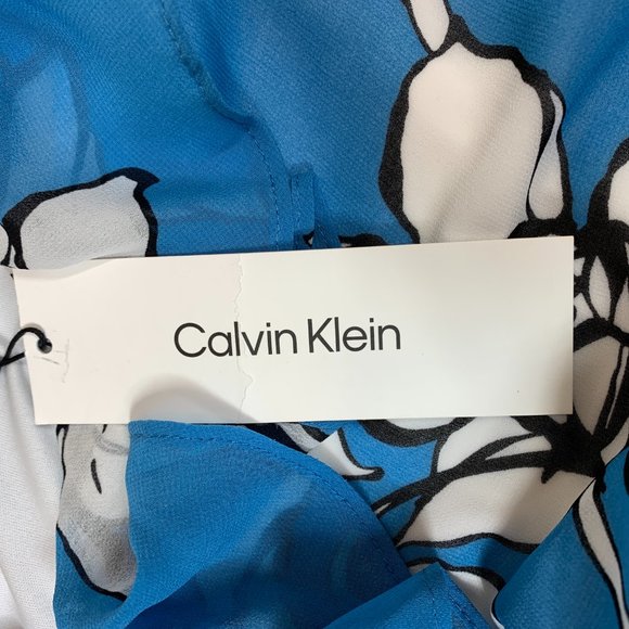 Calvin Klein Womens Floral Printed Chiffon Faux Wrap Dress Blue Size M NWT - Picture 8 of 13